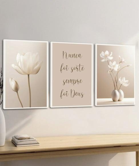 Quadros Decorativos Modernos Flores Bege Boho Frases Moldura