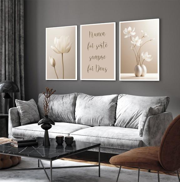 Quadros Decorativos Modernos Flores Bege Boho Frases Moldura