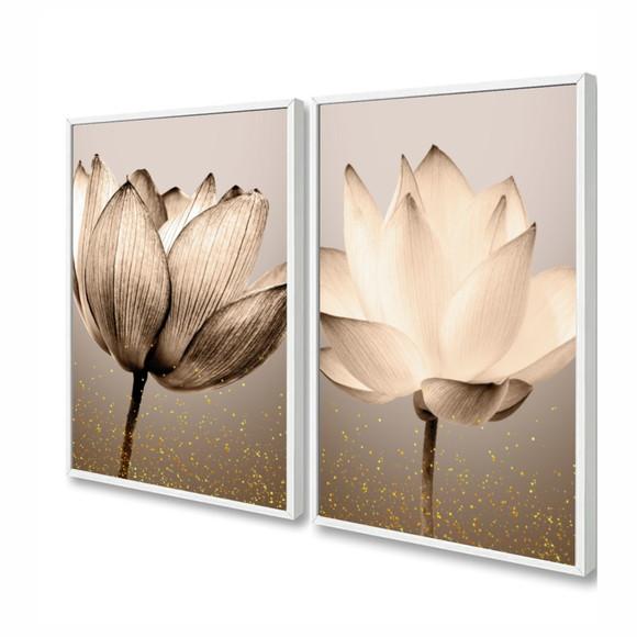 Quadros Decorativos Modernos Flores Bege Gold Com Moldura