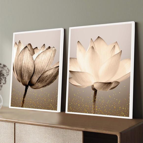 Quadros Decorativos Modernos Flores Bege Gold Com Moldura