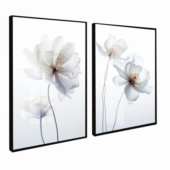 Quadros Decorativos Modernos Flores Brancas Moldura e Vidro