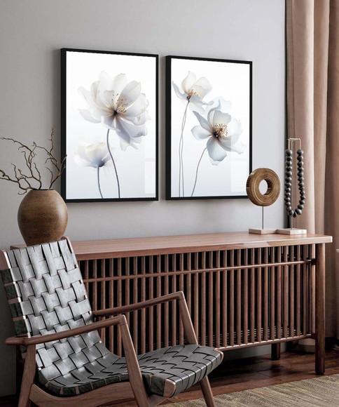 Quadros Decorativos Modernos Flores Brancas Moldura e Vidro
