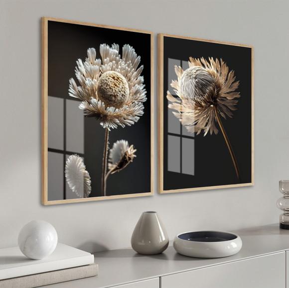 Quadros Decorativos Modernos Flores Brancas Moldura e Vidro