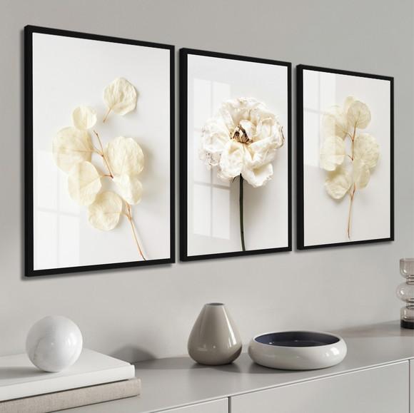 Quadros Decorativos Modernos Flores Brancas Moldura e Vidro
