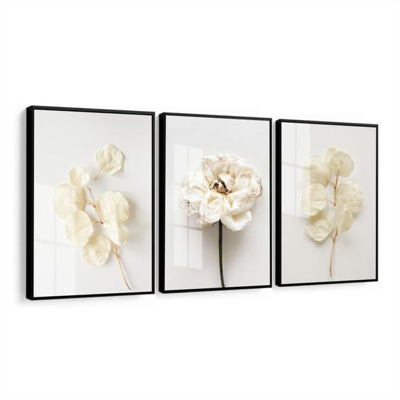 Quadros Decorativos Modernos Flores Brancas Moldura e Vidro