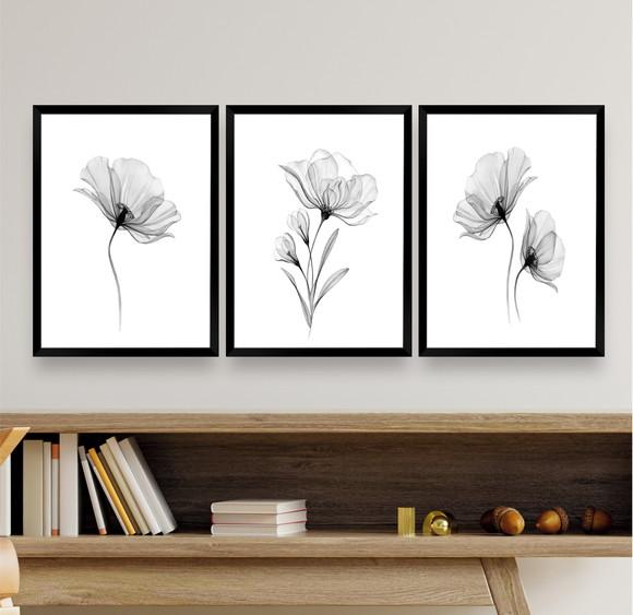 Quadros Decorativos Modernos Flores Preto e Branco Moldura