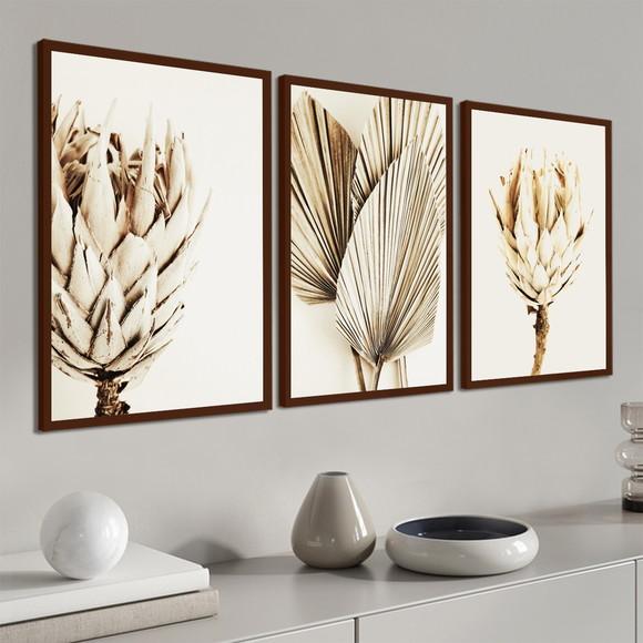 Quadros Decorativos Modernos Folhagem Bege Boho com Moldura