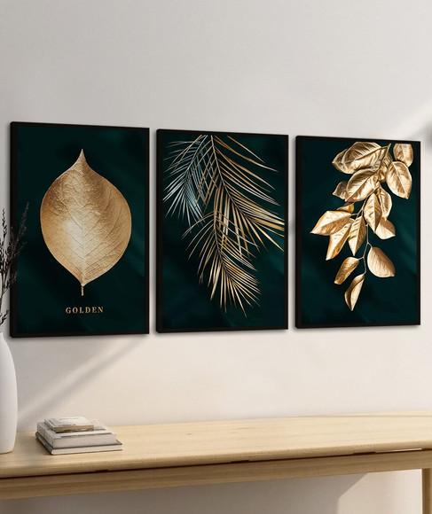Quadros Decorativos Modernos Folhagem Dourada Com Moldura