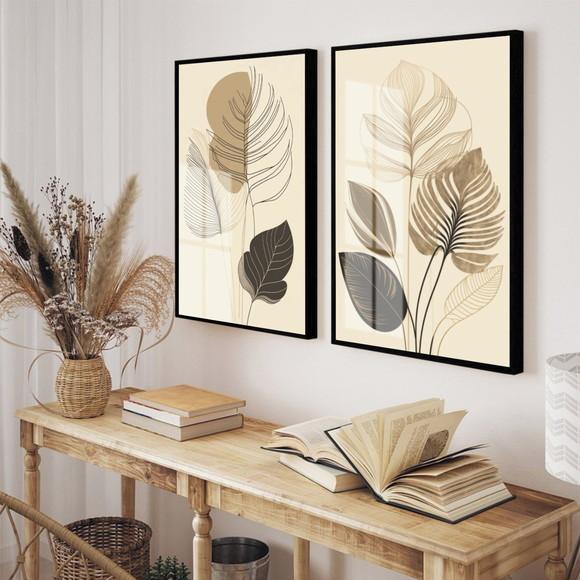 Quadros Decorativos Modernos Folhas Desenho Moldura e Vidro