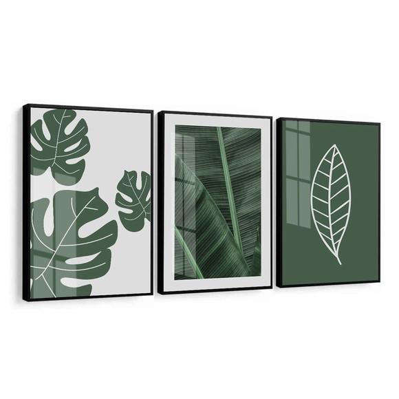 Quadros Decorativos Modernos Folhas Verdes Moldura e Vidro