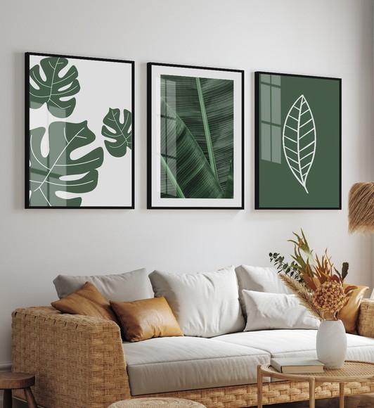 Quadros Decorativos Modernos Folhas Verdes Moldura e Vidro