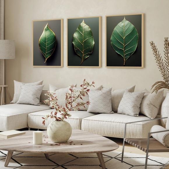 Quadros Decorativos Modernos Folhas Verdes para Sala Moldura