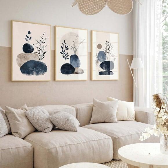 Quadros Decorativos Modernos Folhas Abstrato Azul com Vidro