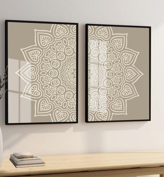 Quadros Decorativos Modernos Mandala Bege Boho Moldura Vidro
