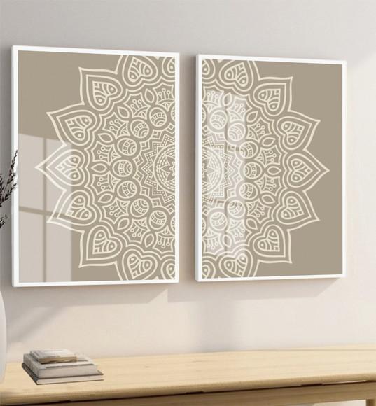 Quadros Decorativos Modernos Mandala Boho Bege Moldura Vidro