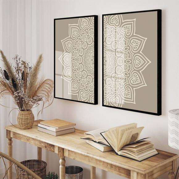 Quadros Decorativos Modernos Mandala Bege Boho Moldura Vidro