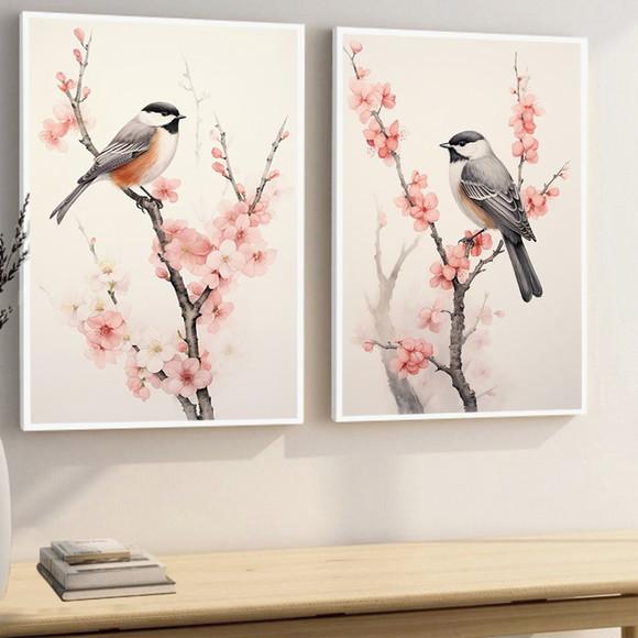 Quadros Decorativos Modernos Pássaros Flores Cerejeira Vidro