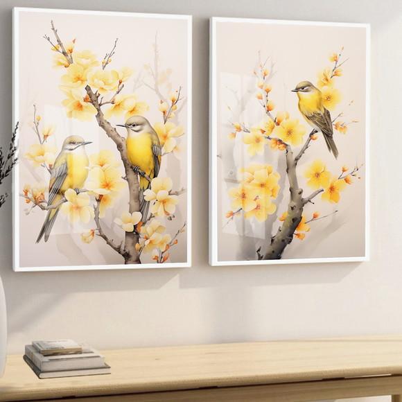 Quadros Decorativos Modernos Pássaros Flores Amarela Vidro