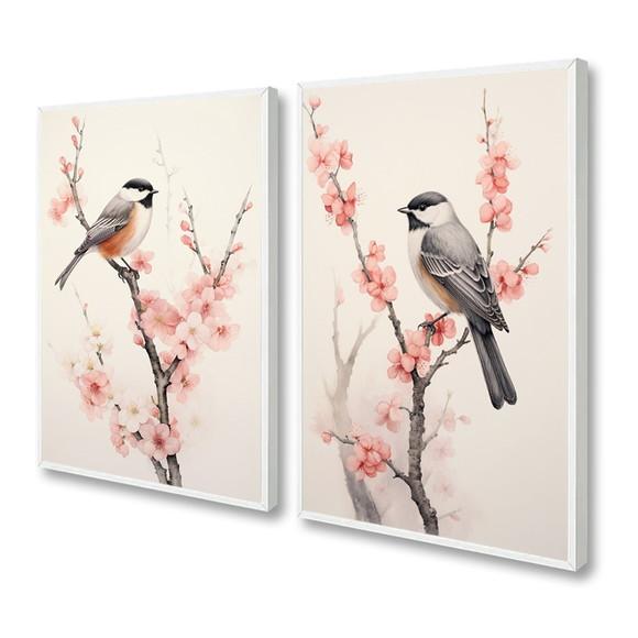 Quadros Decorativos Modernos Pássaros Flores Cerejeira Vidro
