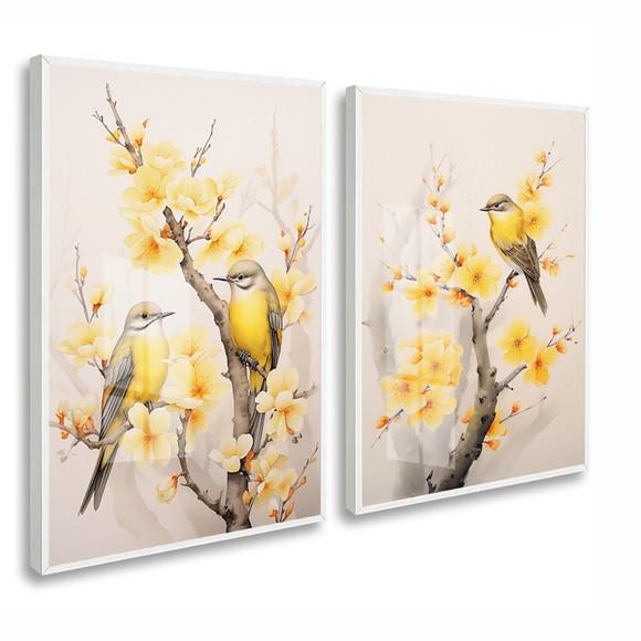 Quadros Decorativos Modernos Pássaros Flores Amarela Vidro
