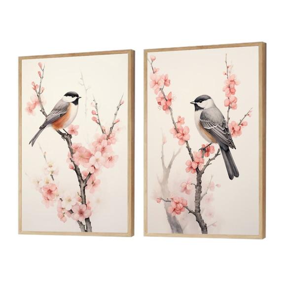 Quadros Decorativos Modernos Pássaros Flores Moldura e Vidro
