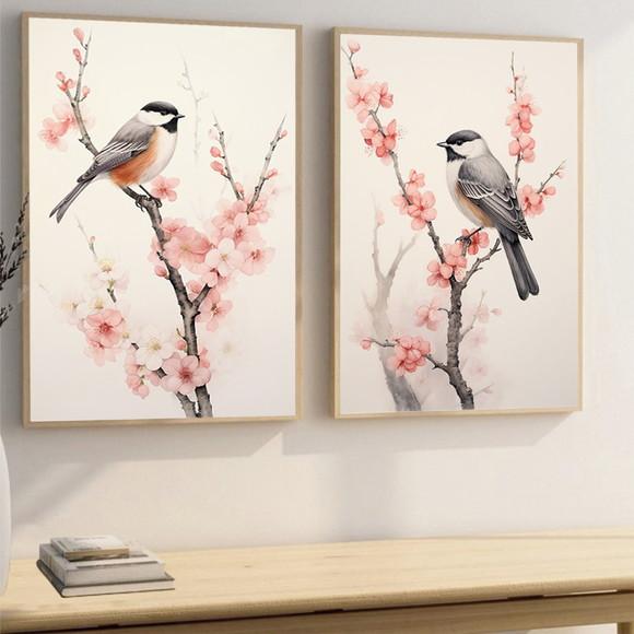 Quadros Decorativos Modernos Pássaros Flores Moldura e Vidro
