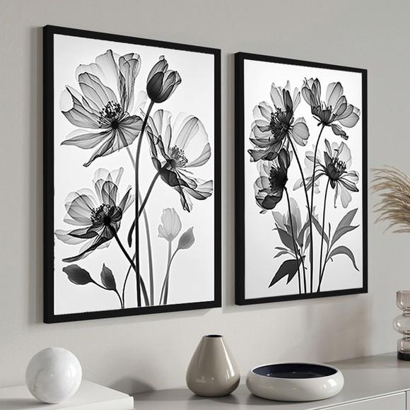 Quadros Decorativos Modernos Preto e Branco Flores Moldura