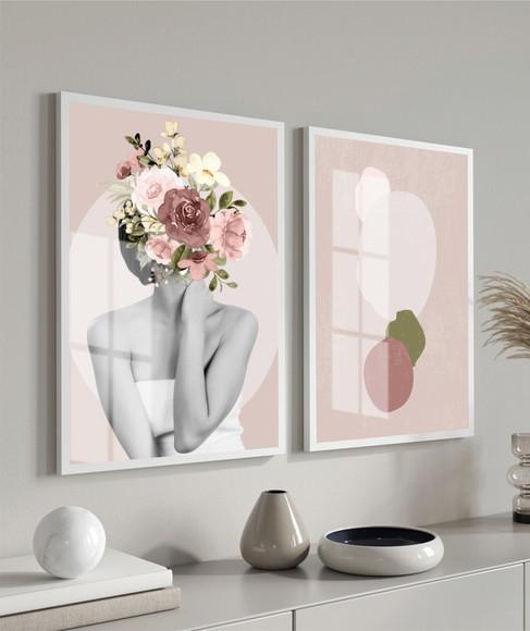 Quadros Decorativos Mulher Flores Abstrato Moldura E Vidro