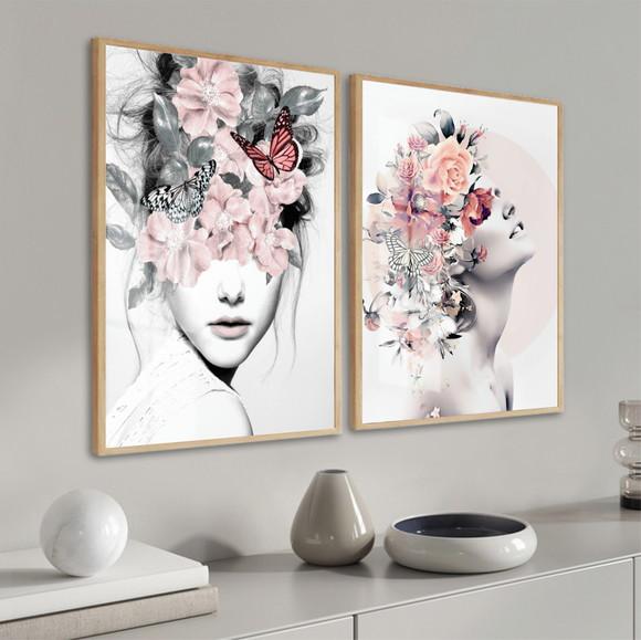 Quadros Decorativos Mulheres Flores Rosa Com Moldura E Vidro