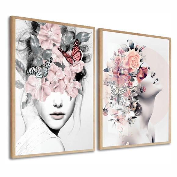 Quadros Decorativos Mulheres Flores Rosa Com Moldura E Vidro