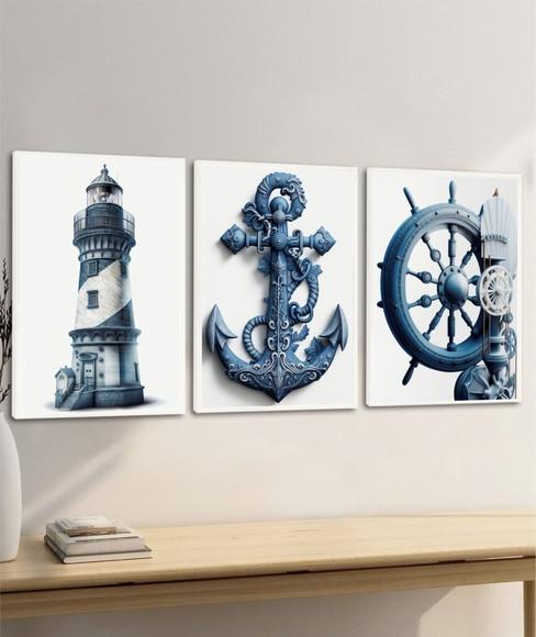 Quadros Decorativos Náuticos Farol Ancora Moldura e Vidro
