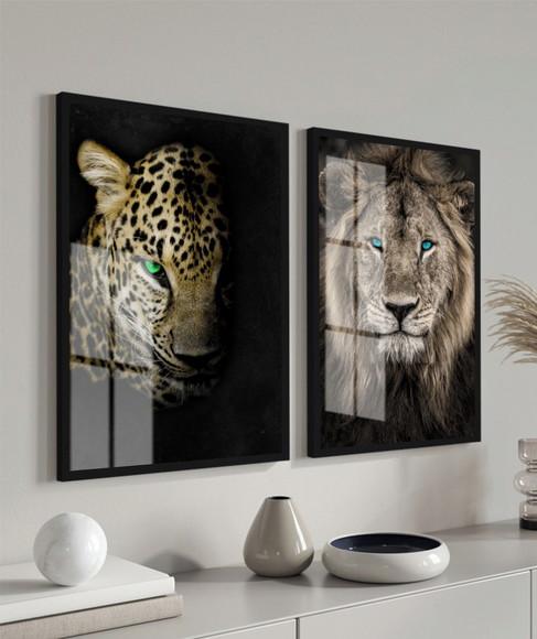 Quadros Decorativos Onça Pintada Leão Animais Moldura Vidro