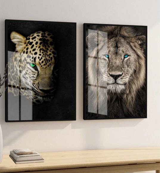 Quadros Decorativos Onça Pintada Leão Animais Moldura Vidro