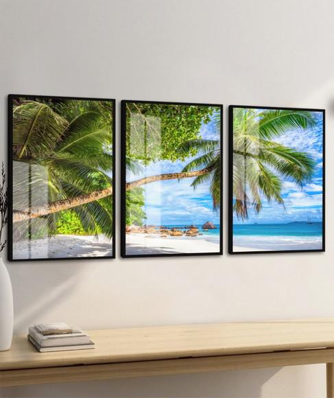Quadros Decorativos Paisagem Coqueiro Mar Moldura e Vidro