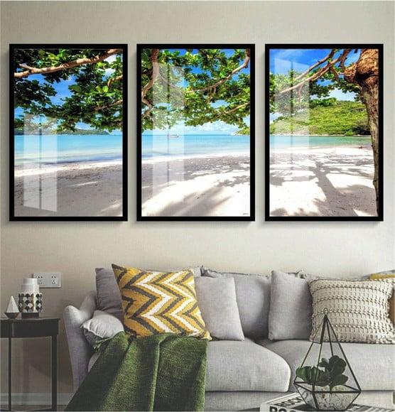 Quadros Decorativos Paisagem Mar Arvore com Moldura e Vidro