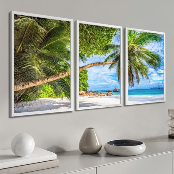 Quadros Decorativos Paisagem Mar Coqueiro Moldura e Vidro