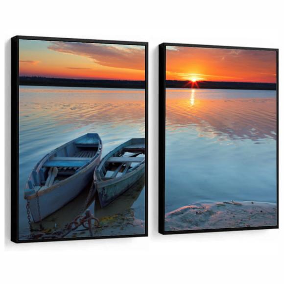 Quadros Decorativos Paisagem Pôr Do Sol Barcos Com Moldura