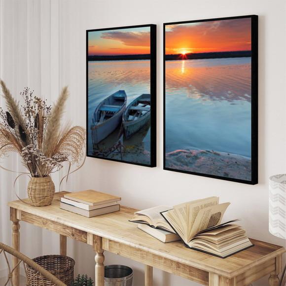 Quadros Decorativos Paisagem Pôr Do Sol Barcos Com Moldura