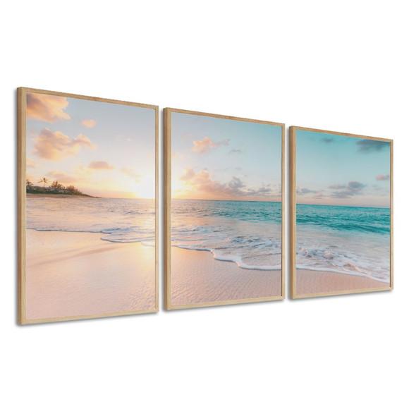 Quadros Decorativos Paisagem Praia Azul Pôr do Sol Moldura