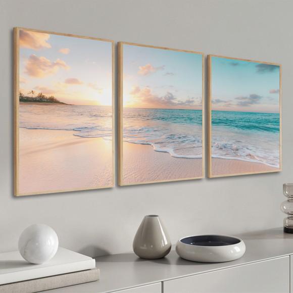 Quadros Decorativos Paisagem Praia Azul Pôr do Sol Moldura