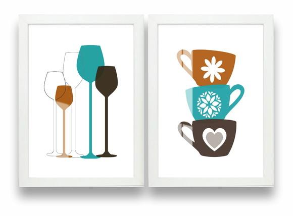 Quadros Decorativos Para Cozinha Xícaras Com Moldura e Vidro