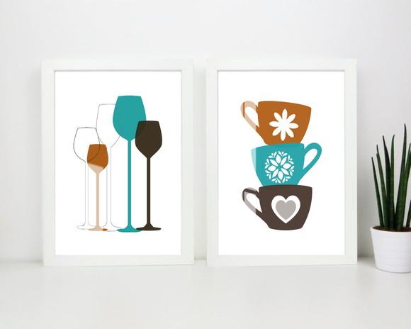 Quadros Decorativos Para Cozinha Xícaras Com Moldura e Vidro
