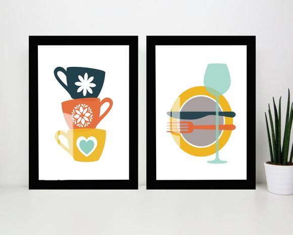 Quadros Decorativos Para Cozinha Xícaras Com Moldura e Vidro