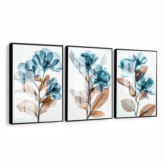 Quadros Decorativos para Sala Modernos Flores Azul com Vidro
