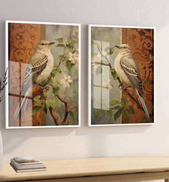 Quadros Decorativos Pássaros Flores Moderno Moldura e Vidro