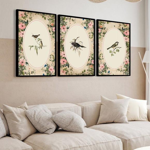 Quadros Decorativos Passaros Flores Rosa com Moldura Vidro
