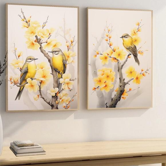 Quadros Decorativos Pássaros Modernos Flores Amarela Vidro