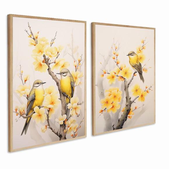 Quadros Decorativos Pássaros Modernos Flores Amarela Vidro