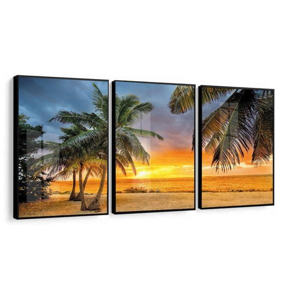 Quadros Decorativos Pôr do Sol Coqueiro Mar Moldura e Vidro