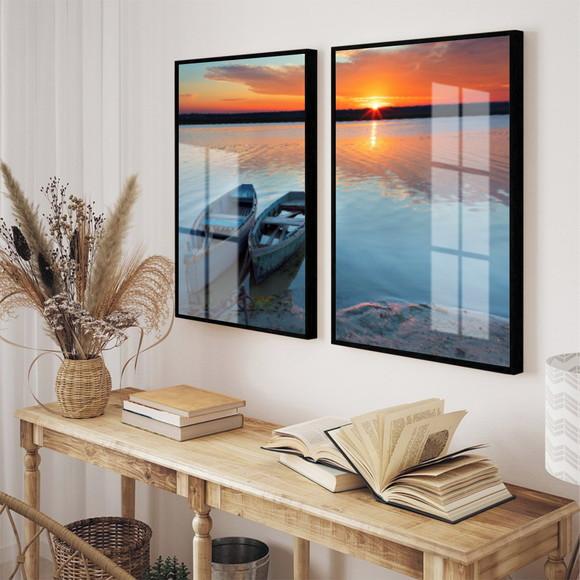 Quadros Decorativos Pôr Do Sol Paisagem Com Moldura e Vidro